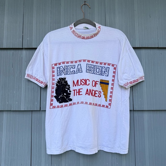 Vintage White Ringer Tee, Music of the Andes Shirt, Peru, M/L - Picture 7 of 9